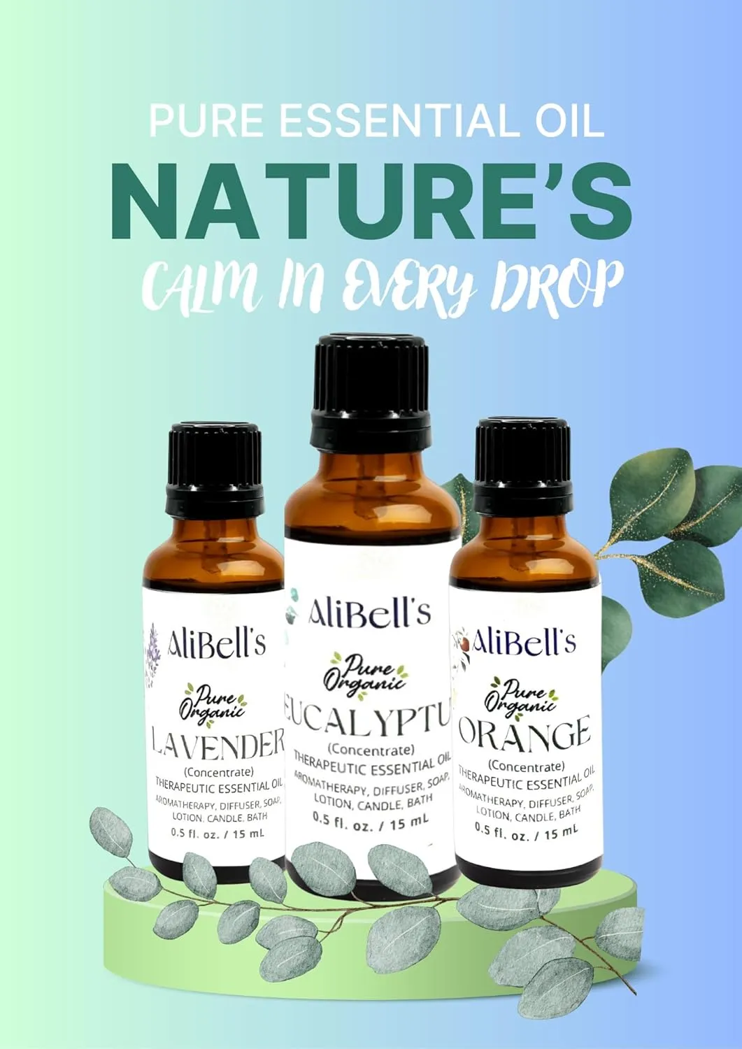 AliBell's- Essential Oils Eucalyptus - Essential Oils for Diffuser - 15 ml Undiluted Therapeutic Grade A Organic Concentrate, Multi-Purpose- Aromatherapy, Humidifier, Bath, Soap Making, Hair Care
