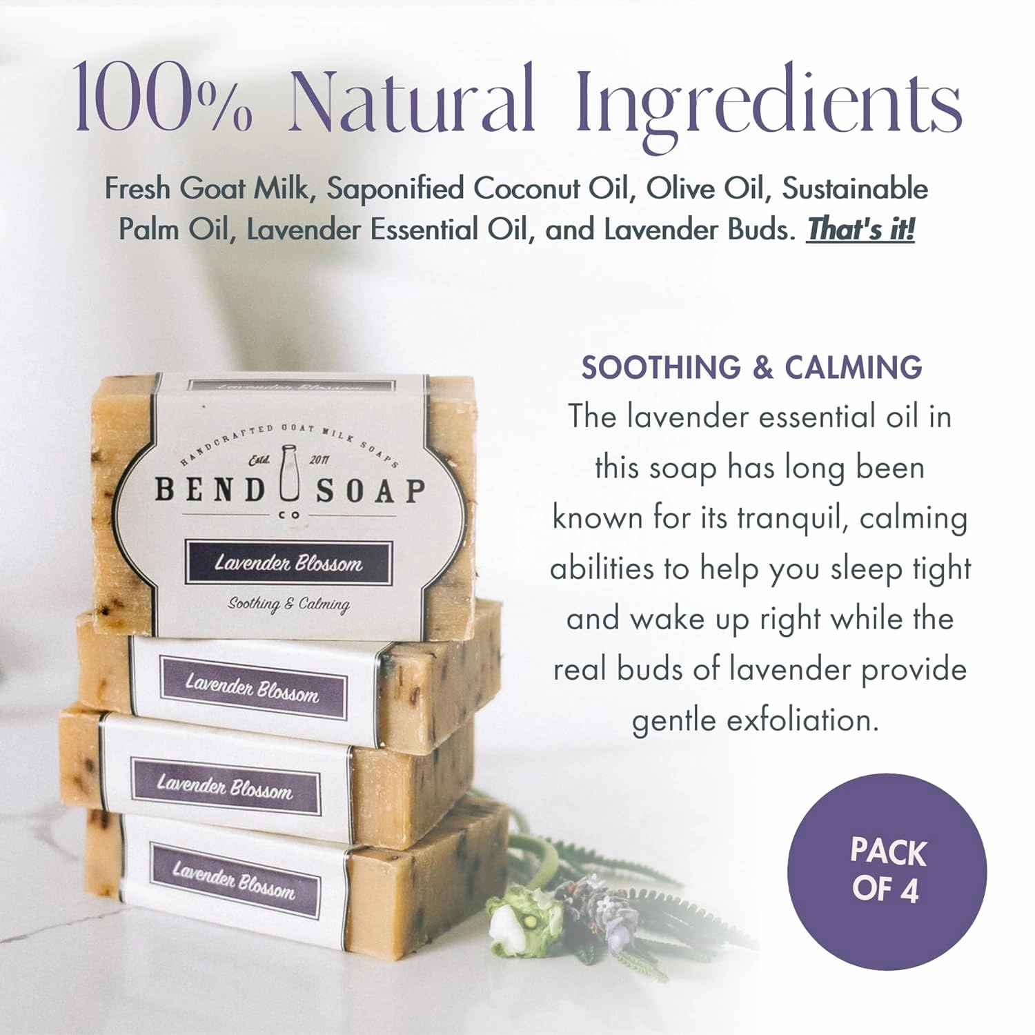 All Natural Goat Milk Soap - Handmade in USA - Soothe Cracked Skin, Relax and Exfoliate - Dry Skin Relief (Lavender Blossom, 4 Pack of 4.5oz)…
