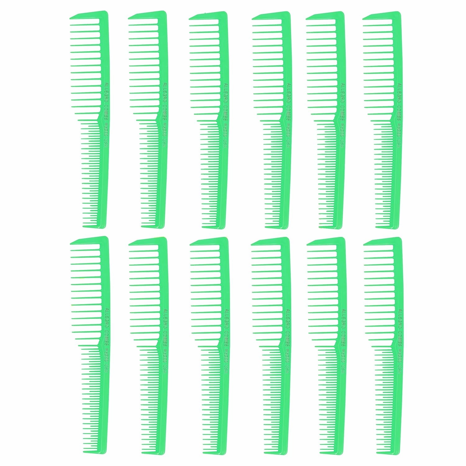 Allegro Combs 6000 Wide Tooth Teasing Lift Vented Hair Combs Space Tooth Barber Stylist Curly Hair Parting Neon 12 Pc. (Neon Green)