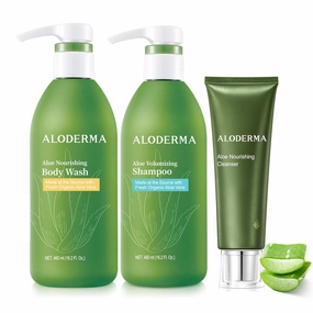 Aloderma Aloe Shower Set - Nourishing Body Wash, Volumizing Shampoo, Nourishing Cleanser