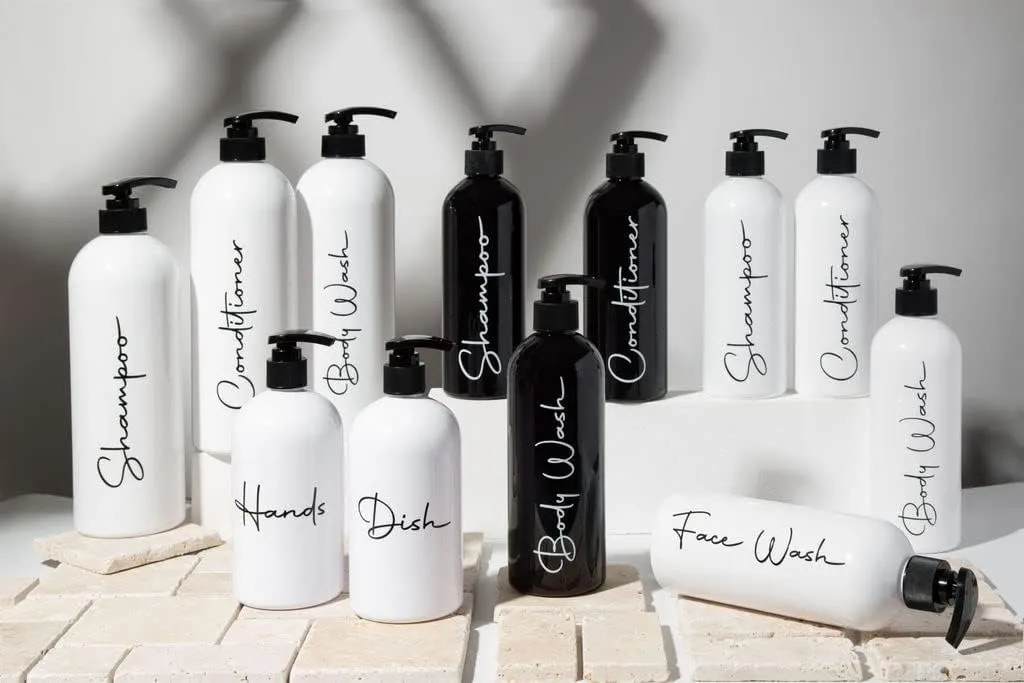 Alora Reusable Shampoo and Conditioner Bottles - Set of 3 - Matte Black - Permanent Stylish Labels - 16oz Pump Bottle Dispenser for Shampoo, Conditioner, Body Wash - Plastic Refillable Containers…