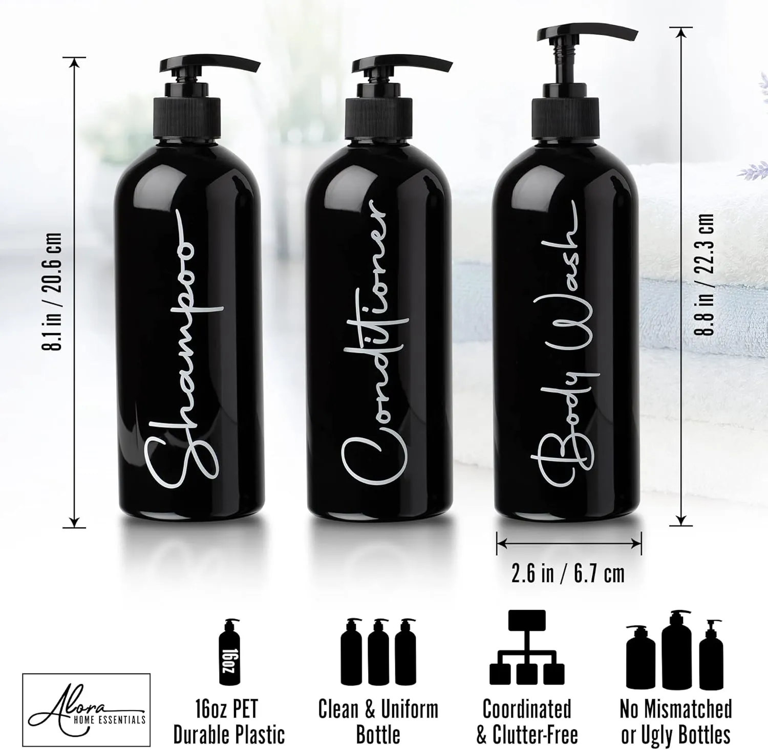 Alora Reusable Shampoo and Conditioner Bottles - Set of 3 - Matte Black - Permanent Stylish Labels - 16oz Pump Bottle Dispenser for Shampoo, Conditioner, Body Wash - Plastic Refillable Containers…