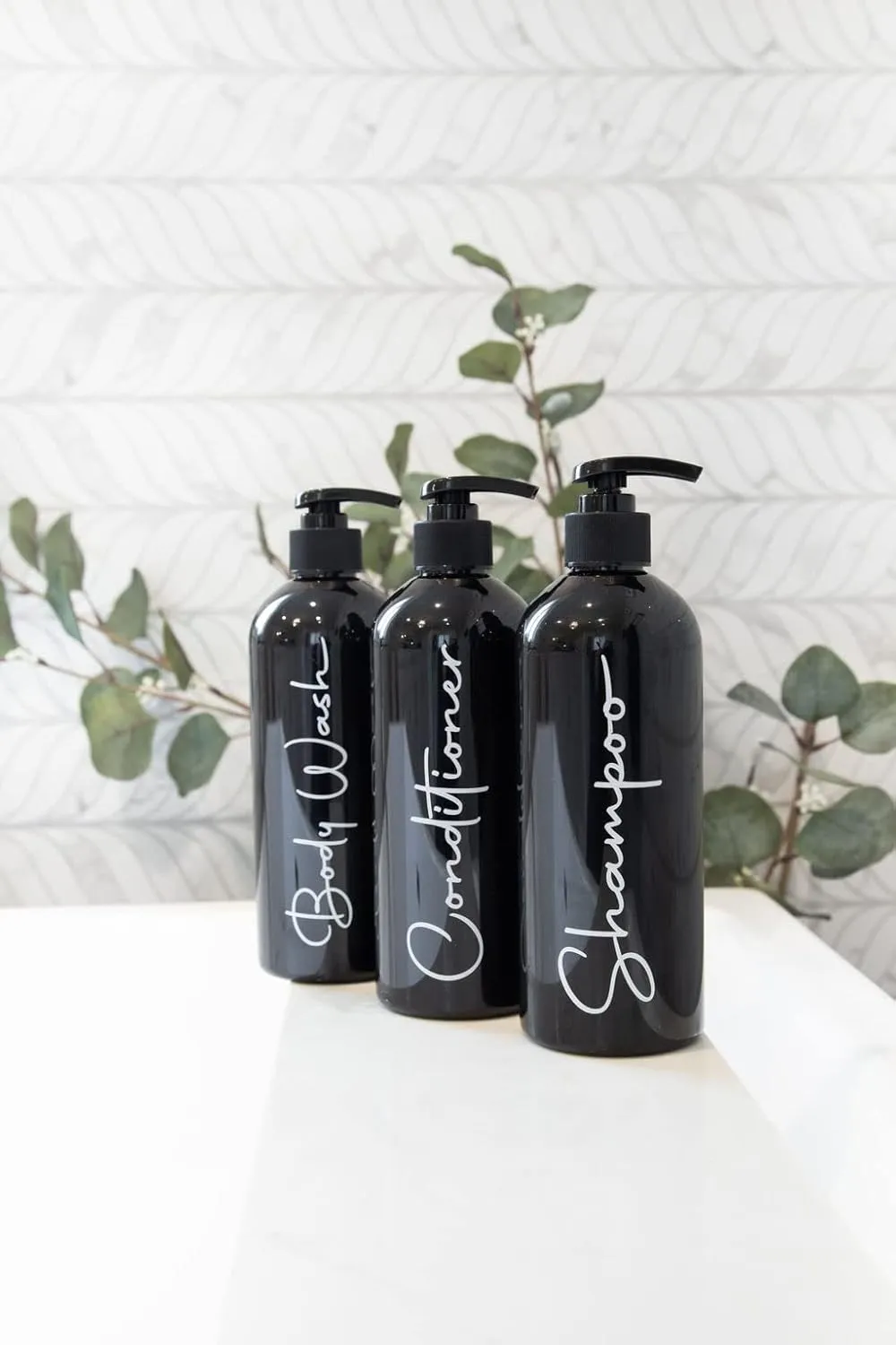 Alora Reusable Shampoo and Conditioner Bottles - Set of 3 - Matte Black - Permanent Stylish Labels - 16oz Pump Bottle Dispenser for Shampoo, Conditioner, Body Wash - Plastic Refillable Containers…