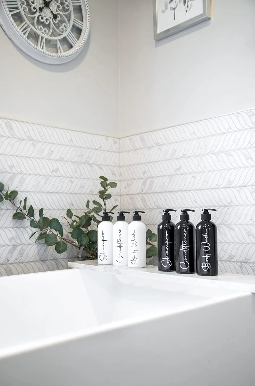 Alora Reusable Shampoo and Conditioner Bottles - Set of 3 - Matte Black - Permanent Stylish Labels - 16oz Pump Bottle Dispenser for Shampoo, Conditioner, Body Wash - Plastic Refillable Containers…