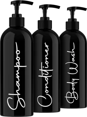 Alora Reusable Shampoo and Conditioner Bottles - Set of 3 - Matte Black - Permanent Stylish Labels - 16oz Pump Bottle Dispenser for Shampoo, Conditioner, Body Wash - Plastic Refillable Containers…