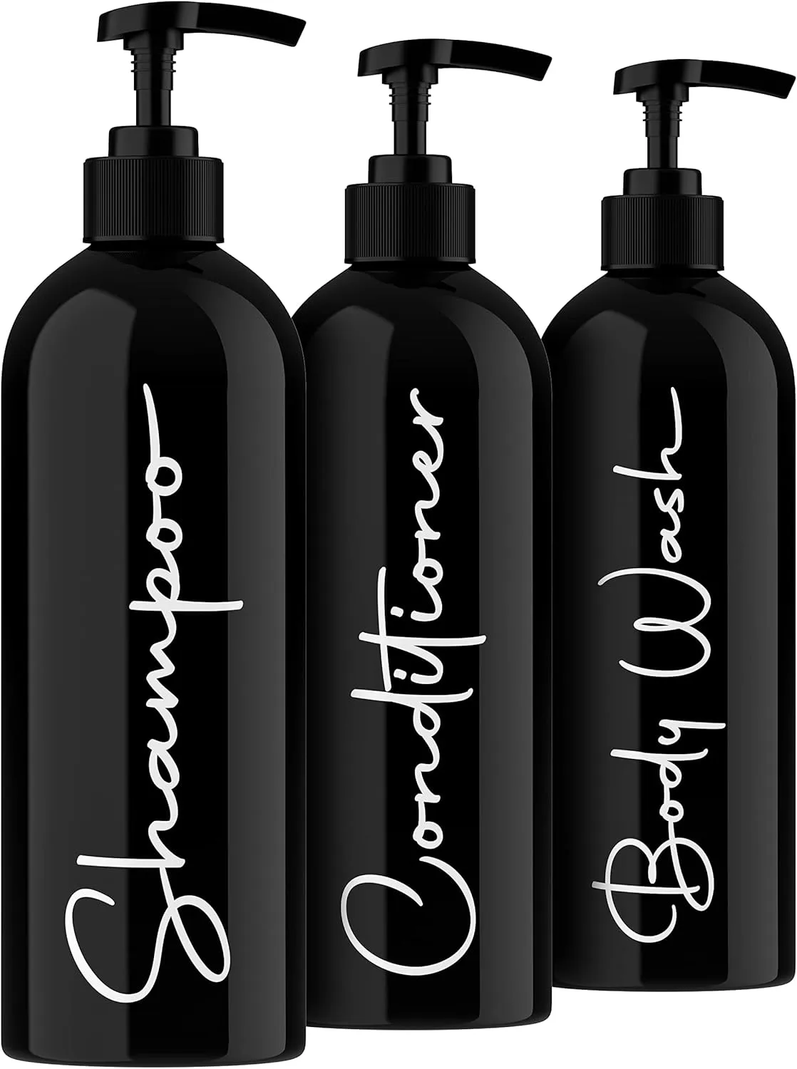 Alora Reusable Shampoo and Conditioner Bottles - Set of 3 - Matte Black - Permanent Stylish Labels - 16oz Pump Bottle Dispenser for Shampoo, Conditioner, Body Wash - Plastic Refillable Containers…