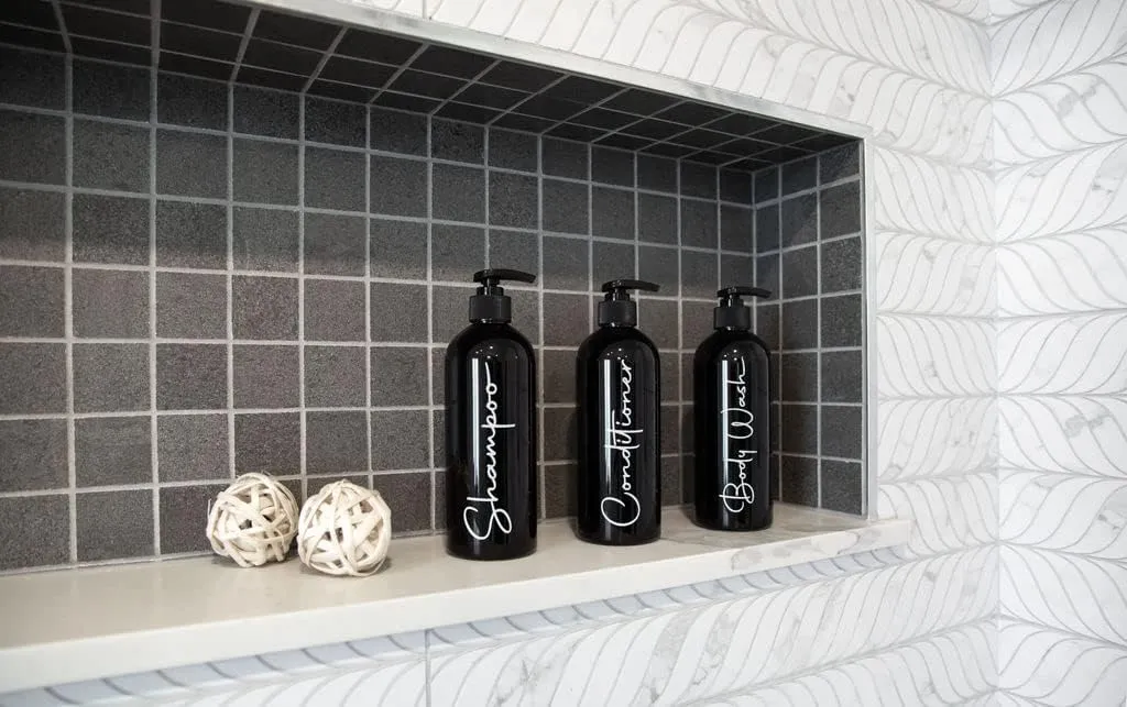 Alora Reusable Shampoo and Conditioner Bottles - Set of 3 - Matte Black - Permanent Stylish Labels - 16oz Pump Bottle Dispenser for Shampoo, Conditioner, Body Wash - Plastic Refillable Containers…