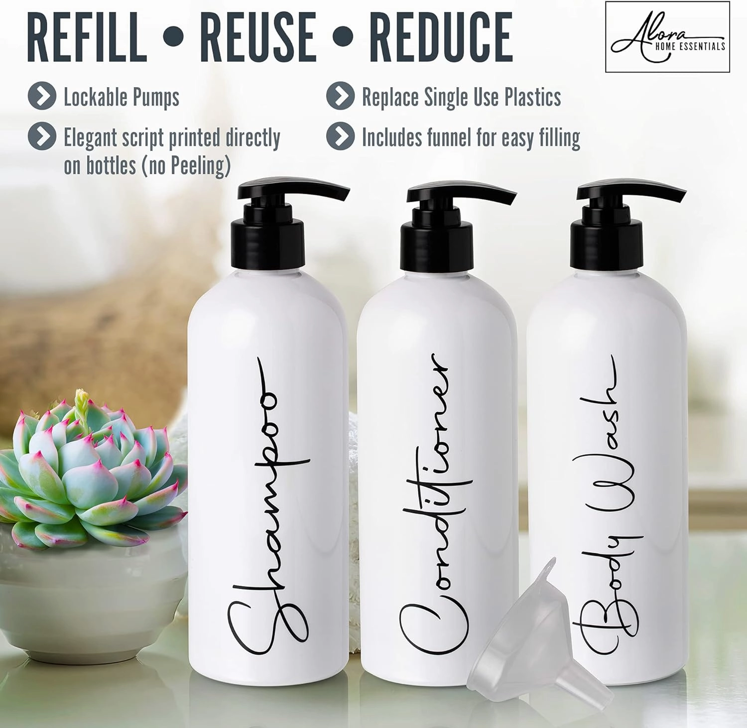 Alora 16oz Refillable Shampoo and Conditioner Dispenser Bottles - Set of 3 - Pump Bottle Dispenser for Shampoo, Conditioner, Body Wash - Empty Plastic Refillable Containers for Shower, Matte White