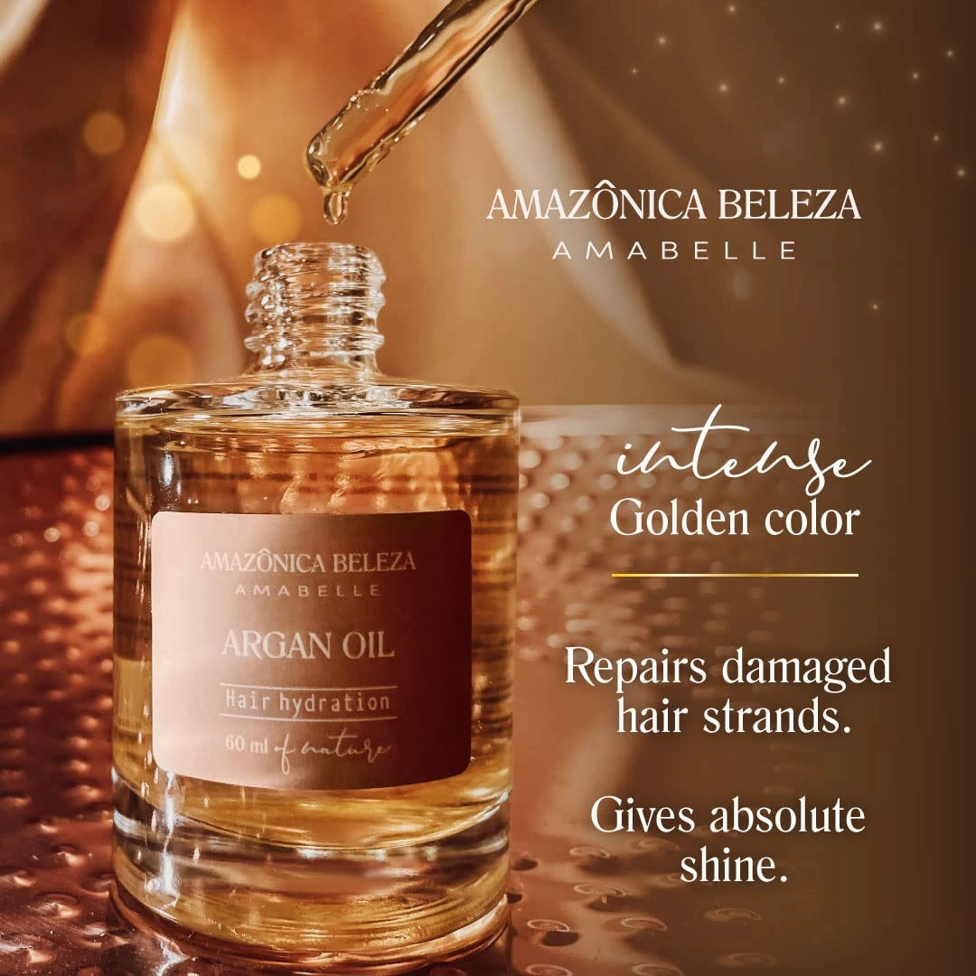 AMAZONICA BELEZA Argan Oil for Hair 100% Pure (60 ml / 2 Oz), Nutrition, Hydration, Repair and Strengthens Hair, Aceite de Argan para Cabello