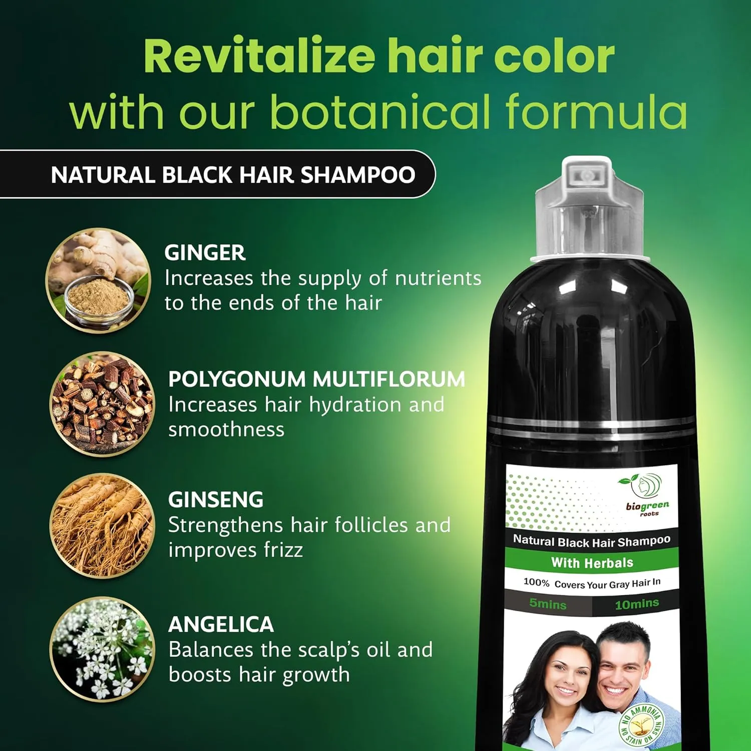 Ammonia-Free & Paraben Free Herbal Hair Shampoo - Hair Dye Shampoo for Women & Men - Natural Color and Herbal Nourishment - No Stain on Skin - Natural Black (400 ml)