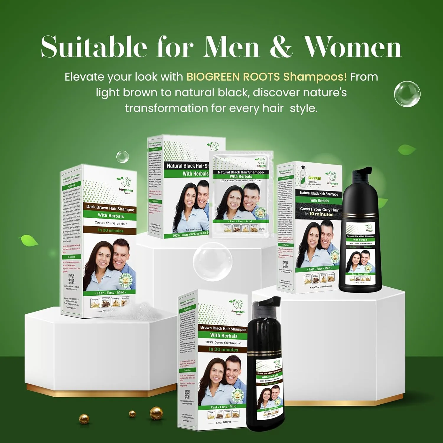 Ammonia-Free & Paraben Free Herbal Hair Shampoo - Hair Dye Shampoo for Women & Men - Natural Color and Herbal Nourishment - No Stain on Skin - Natural Black (400 ml)