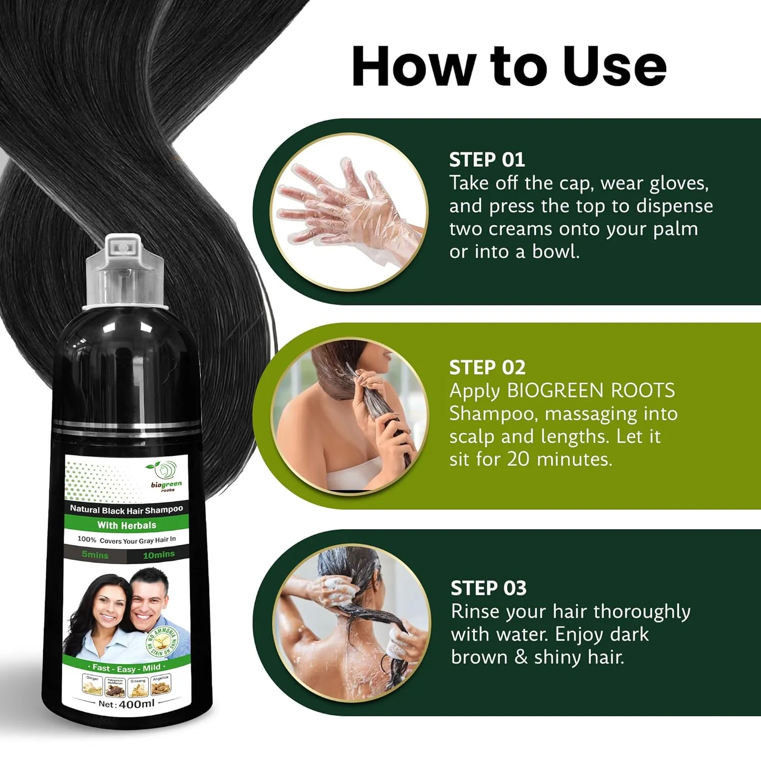 Ammonia-Free & Paraben Free Herbal Hair Shampoo - Hair Dye Shampoo for Women & Men - Natural Color and Herbal Nourishment - No Stain on Skin - Natural Black (400 ml)