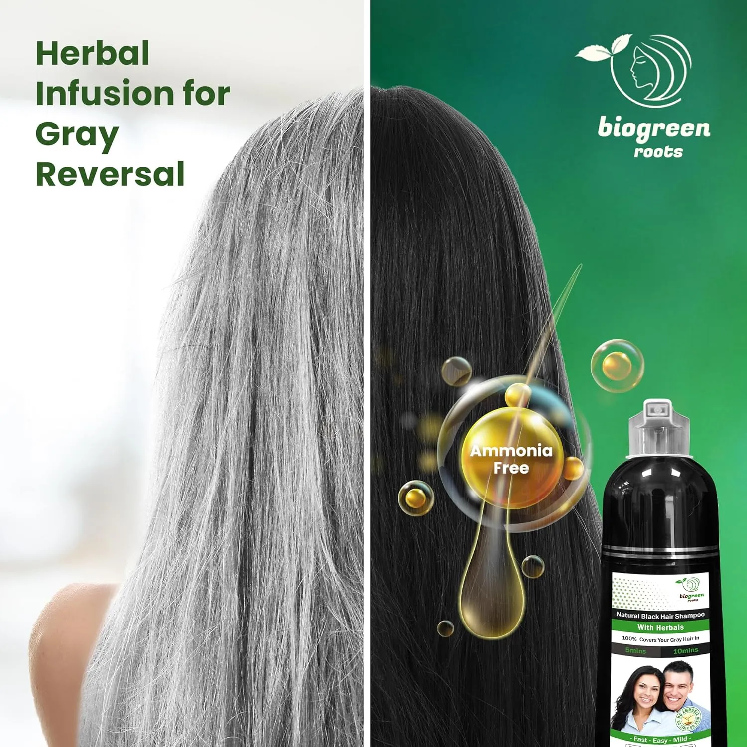 Ammonia-Free & Paraben Free Herbal Hair Shampoo - Hair Dye Shampoo for Women & Men - Natural Color and Herbal Nourishment - No Stain on Skin - Natural Black (400 ml)