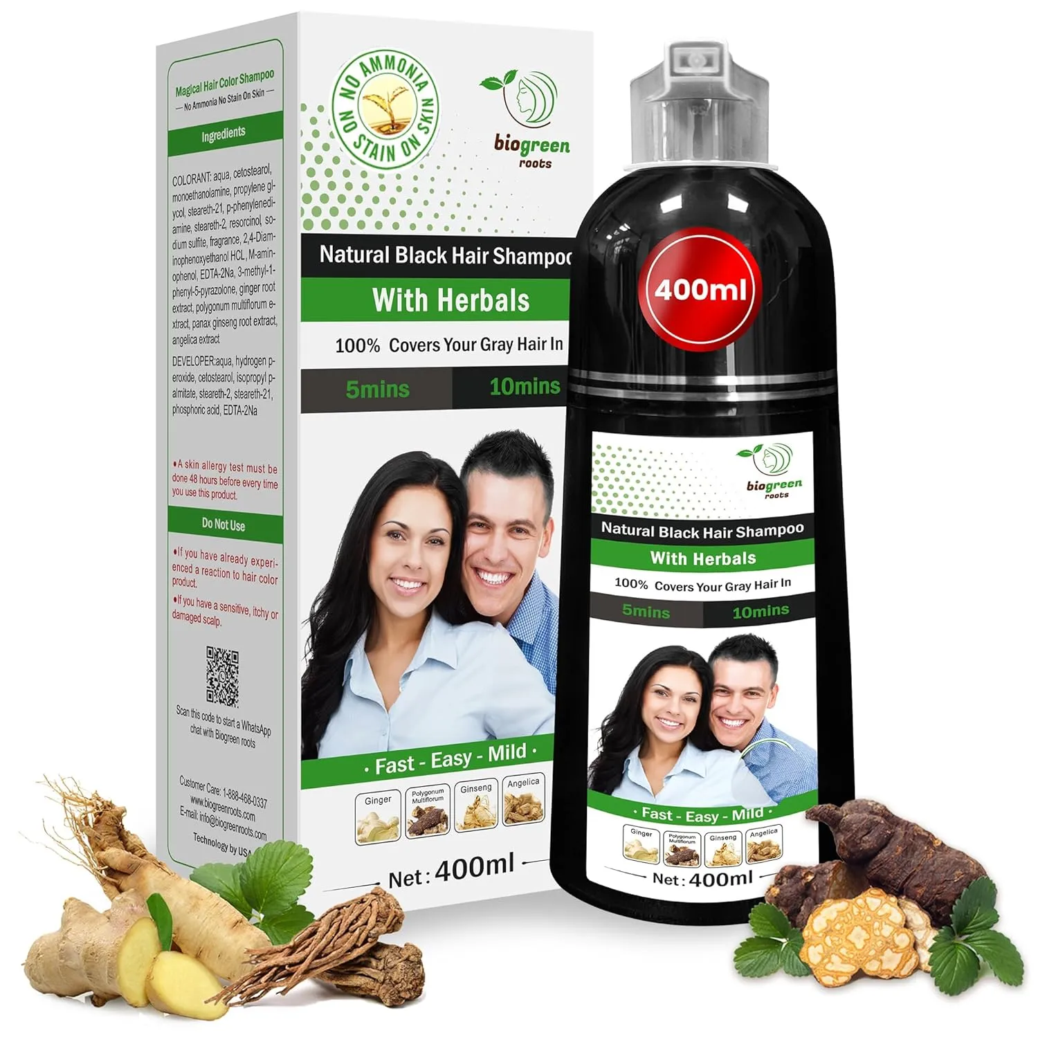 Ammonia-Free & Paraben Free Herbal Hair Shampoo - Hair Dye Shampoo for Women & Men - Natural Color and Herbal Nourishment - No Stain on Skin - Natural Black (400 ml)