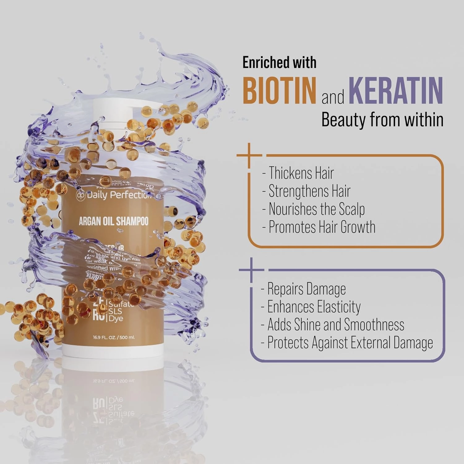 Argan Oil Shampoo to Repair and Protect Your Hair with Biotin and Keratin. Salon-Grade Formula, Salt-Free, Sulfate-Free, and Paraben-Free for Healthier, Shinier Hair.