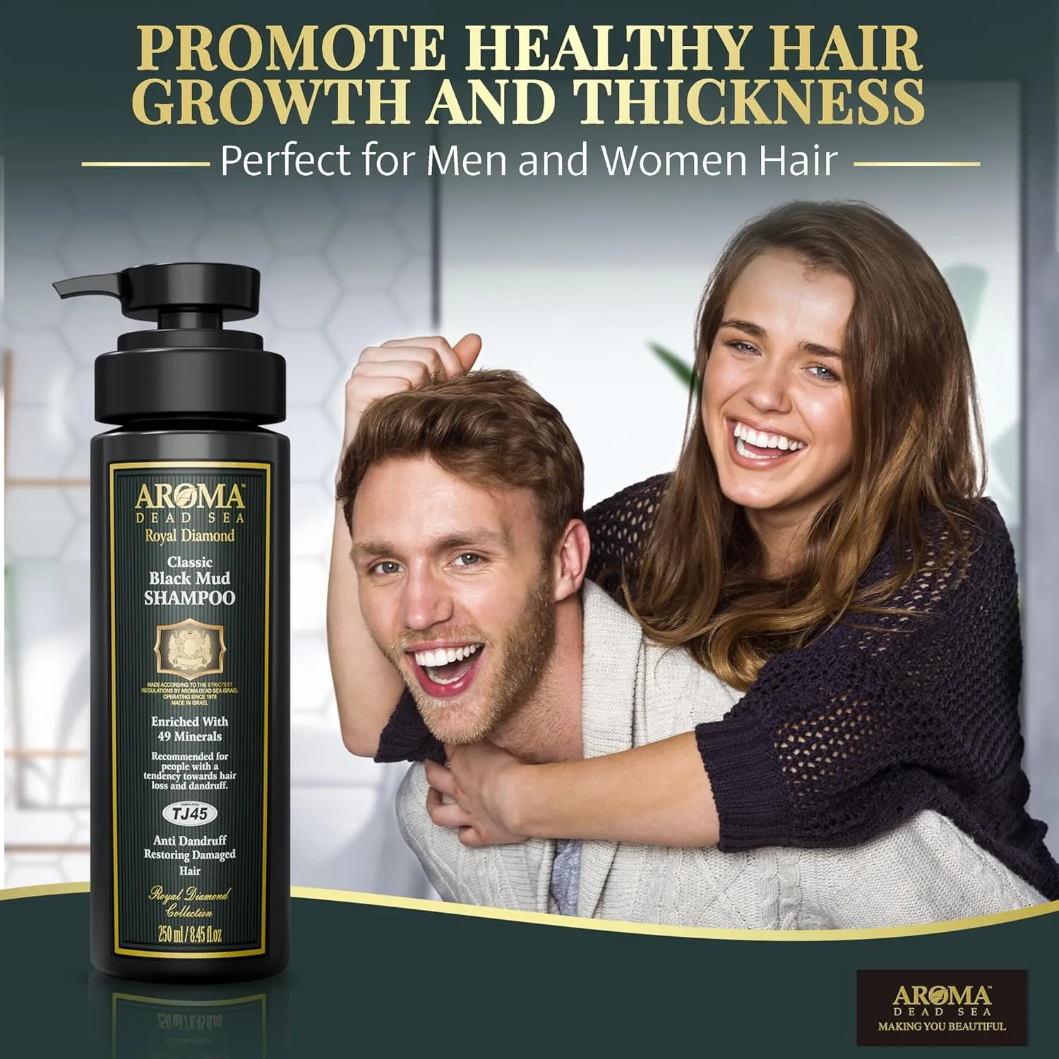 AROMA DEAD SEA Black Mud Shampoo - Fights Dandruff, Thinning Hair, Weak Roots & Itchy Scalp. Prevents Hair Loss & Encourages Growth. Ideal for Damaged Hair (8.45 fl.oz)