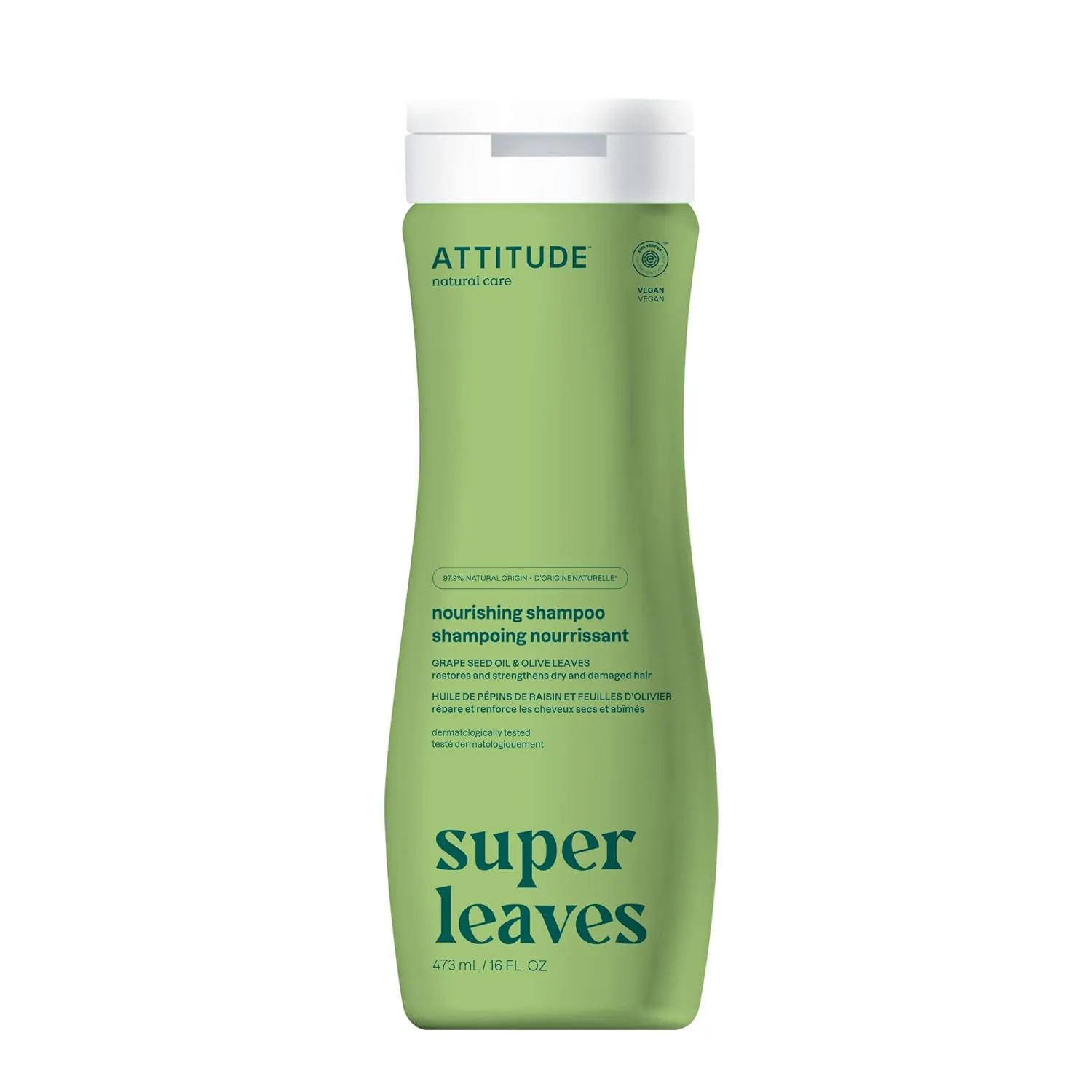ATTITUDE Nourishing Hair Shampoo, EWG Verified, For Dry and Damaged Hair, Naturally Derived Ingredients, Vegan and Plant Based, Grapeseed Oil and Olive Leaves, 16 Fl Oz