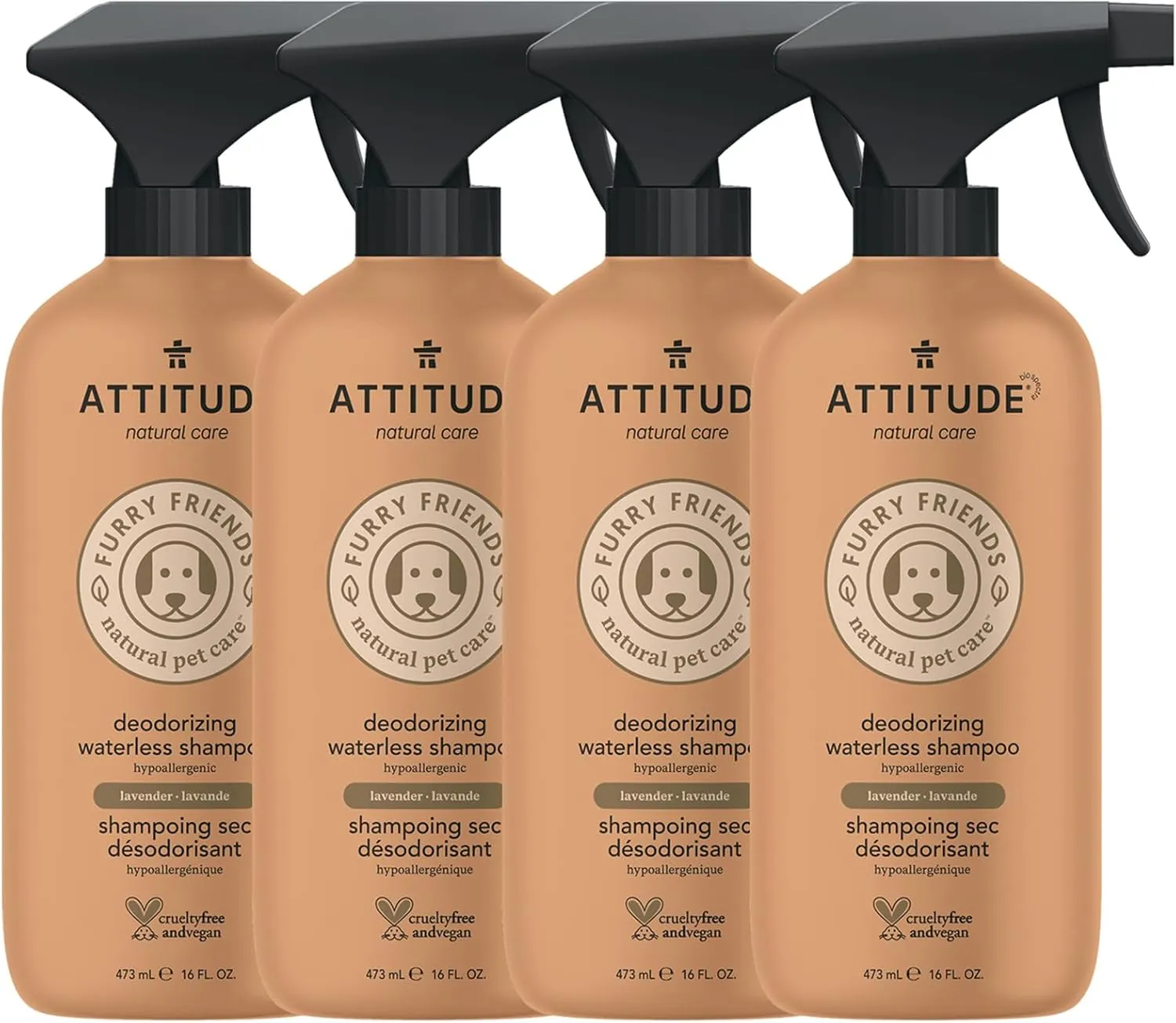 ATTITUDE Waterless Shampoo Spray for Pets, Plant and Mineral-Based Ingredients, Vegan and Cruelty-Free Grooming Products, Deodorizing and Anti-Itching, Lavender, 16 Fl Oz (Pack of 4)