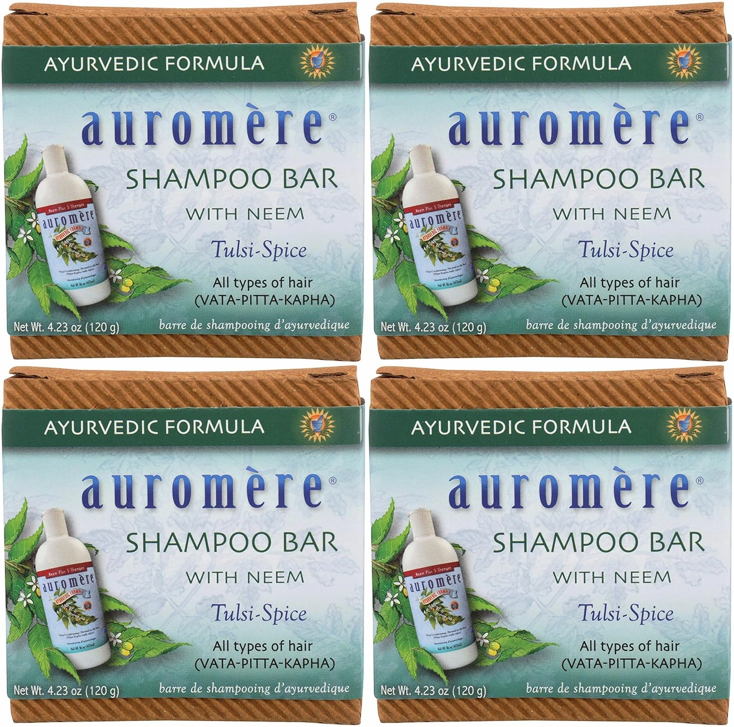Auromere Ayurvedic Shampoo Bar - Eco Friendly, Handmade, Vegan, Cruelty Free, Natural, Non GMO, All in One Bar for Soap and Shampoo (4.23 oz), 4 pack
