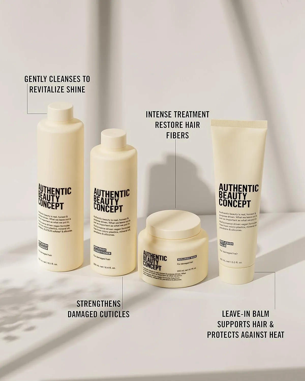 Authentic Beauty Concept Replenish Cleanser | Shampoo | Damaged Hair | Nourishes & Strengthens Hair | Vegan & Cruelty-free | Sulfate-free