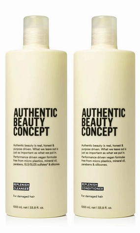 Authentic Beauty Concept Replenish Cleanser & Conditioner Set | Shampoo   Conditioner | Damaged Hair | Nourishes & Strengthens Hair | Vegan & Cruelty-free | Sulfate-free | 33.8 fl. Oz.