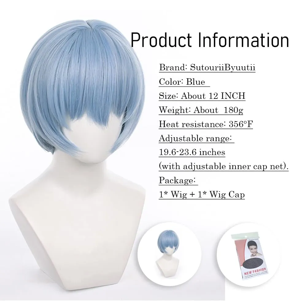 Ayanami Rei Cosplay Rei Wig Eva Short Light Blue Anime Wig Short Bob with Bangs Heat Resistant Hairwig for Cosplay Costume Anime Halloween (Rei)
