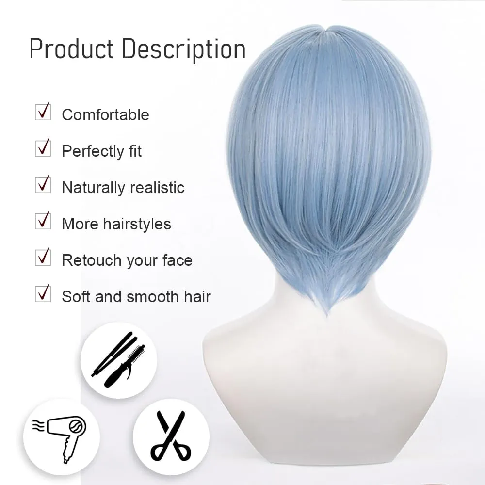 Ayanami Rei Cosplay Rei Wig Eva Short Light Blue Anime Wig Short Bob with Bangs Heat Resistant Hairwig for Cosplay Costume Anime Halloween (Rei)