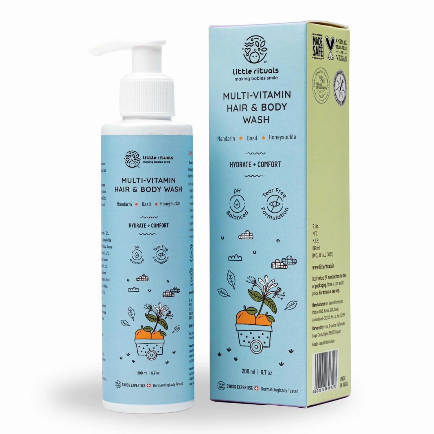 Baby Multi-Vitamin Body & Hair Wash - Tear Free   pH 5.5. Formulated with Best Plant Botanical - Honeysuckle, Basil, Mandarin. Natural, Organic, Dermat Tested(200ml)