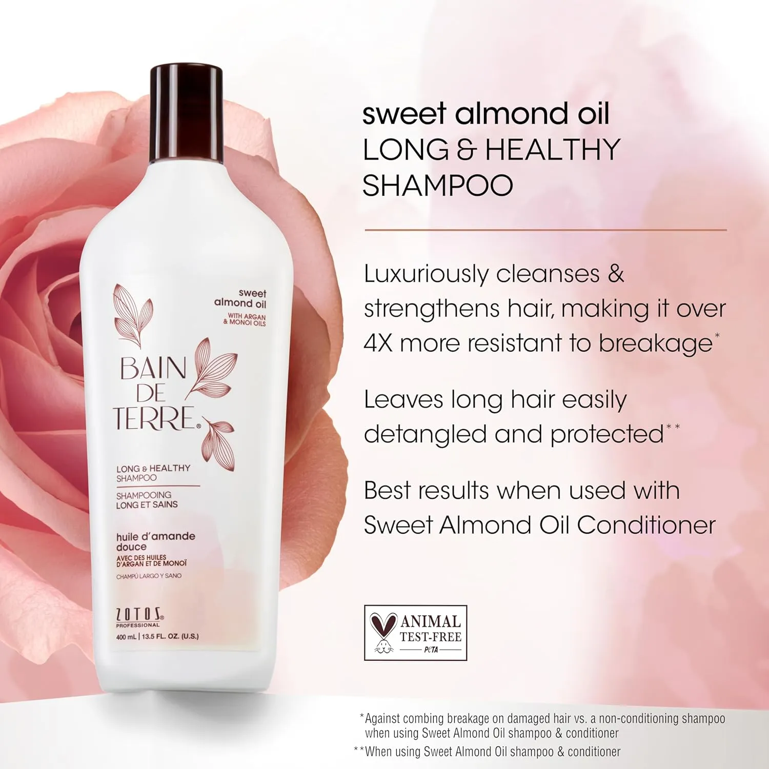 Bain de Terre Sweet Almond Oil Long & Healthy Shampoo, Strength & Protection for Weak, Damaged Hair, with Argan & Monoi Oils, Paraben-Free, Color-Safe, Vegan