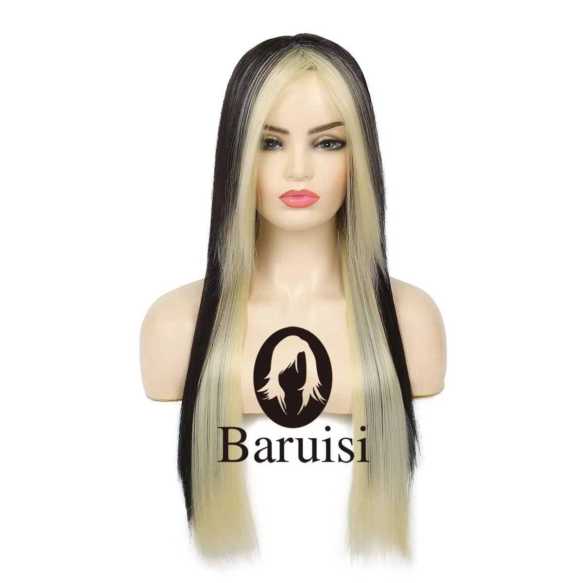 Baruisi Long Black Blonde Wig Straight Silky Synthetic Heat Resistant Side Bangs Halloween Costume Hair Wigs for Women Girls
