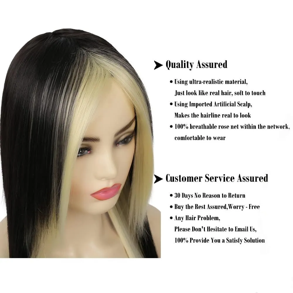 Baruisi Long Black Blonde Wig Straight Silky Synthetic Heat Resistant Side Bangs Halloween Costume Hair Wigs for Women Girls