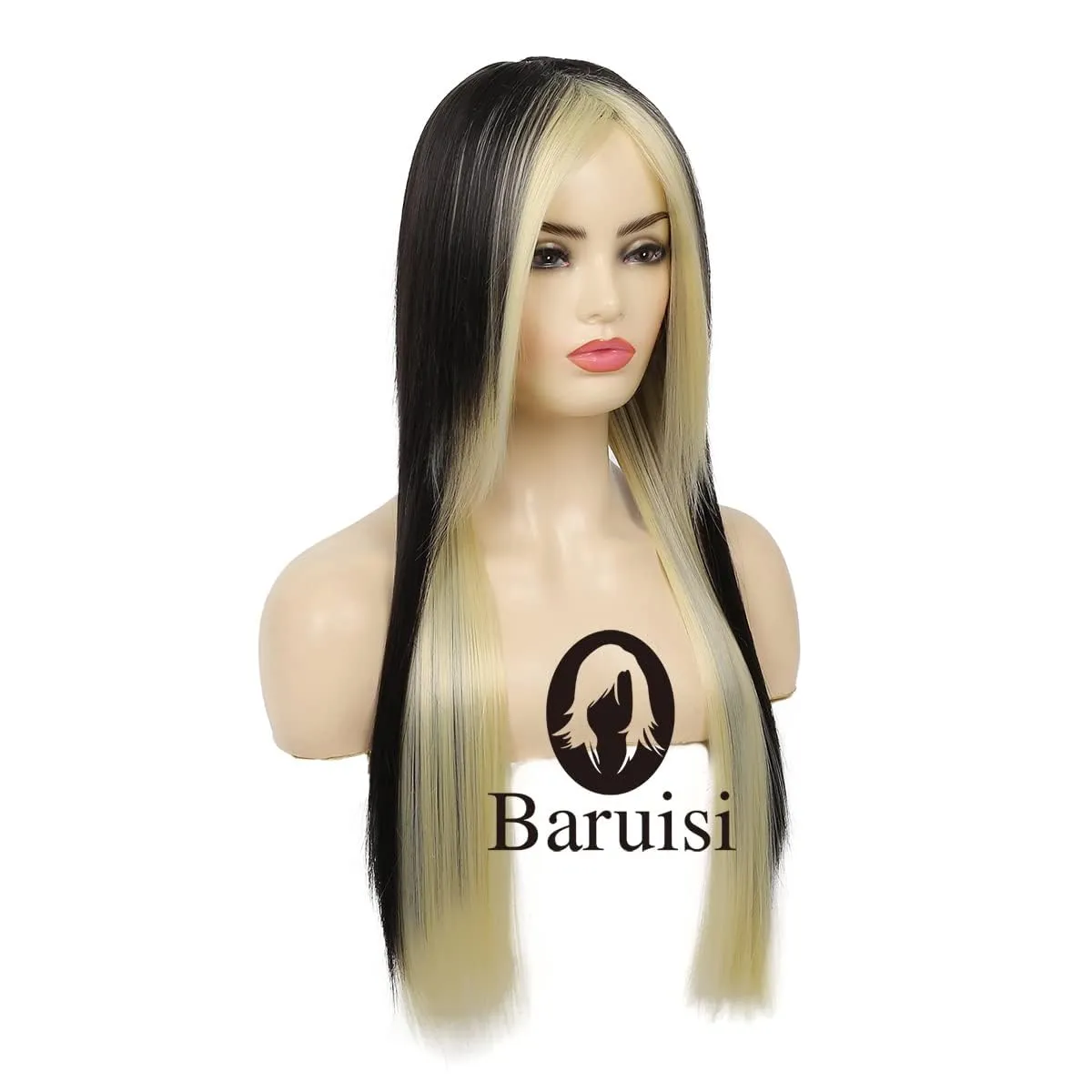 Baruisi Long Black Blonde Wig Straight Silky Synthetic Heat Resistant Side Bangs Halloween Costume Hair Wigs for Women Girls