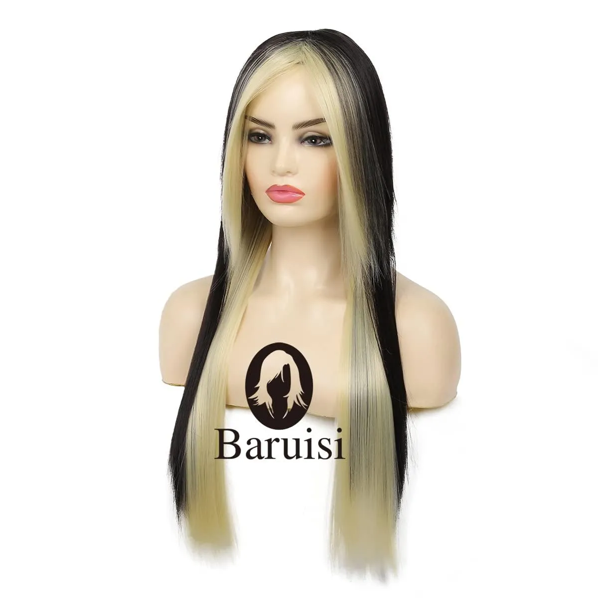 Baruisi Long Black Blonde Wig Straight Silky Synthetic Heat Resistant Side Bangs Halloween Costume Hair Wigs for Women Girls