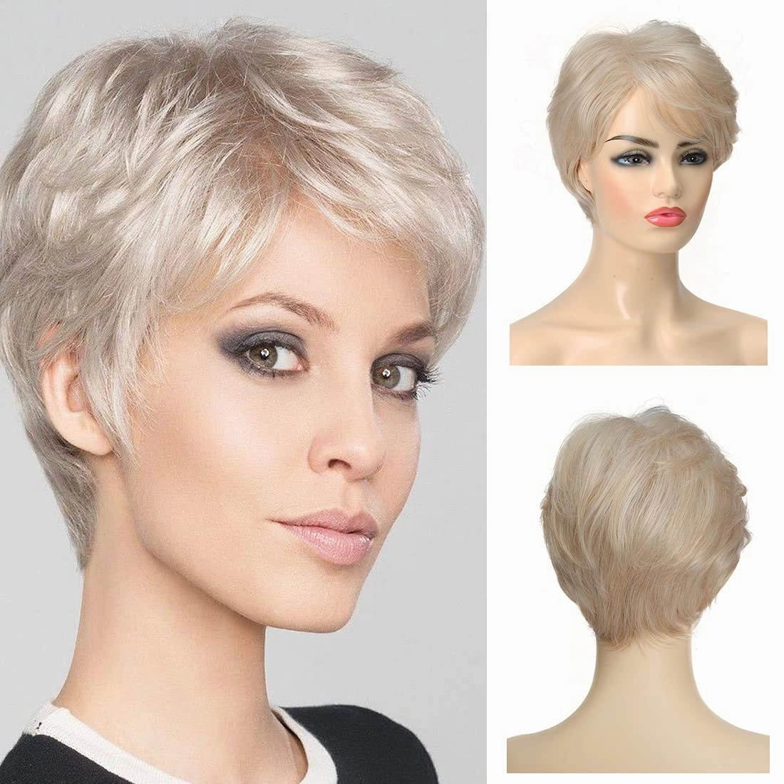 Baruisi Short Layered Blonde Wigs for Women Synthetic Heat Resistant Cosplay Pixie Wig with Bangs