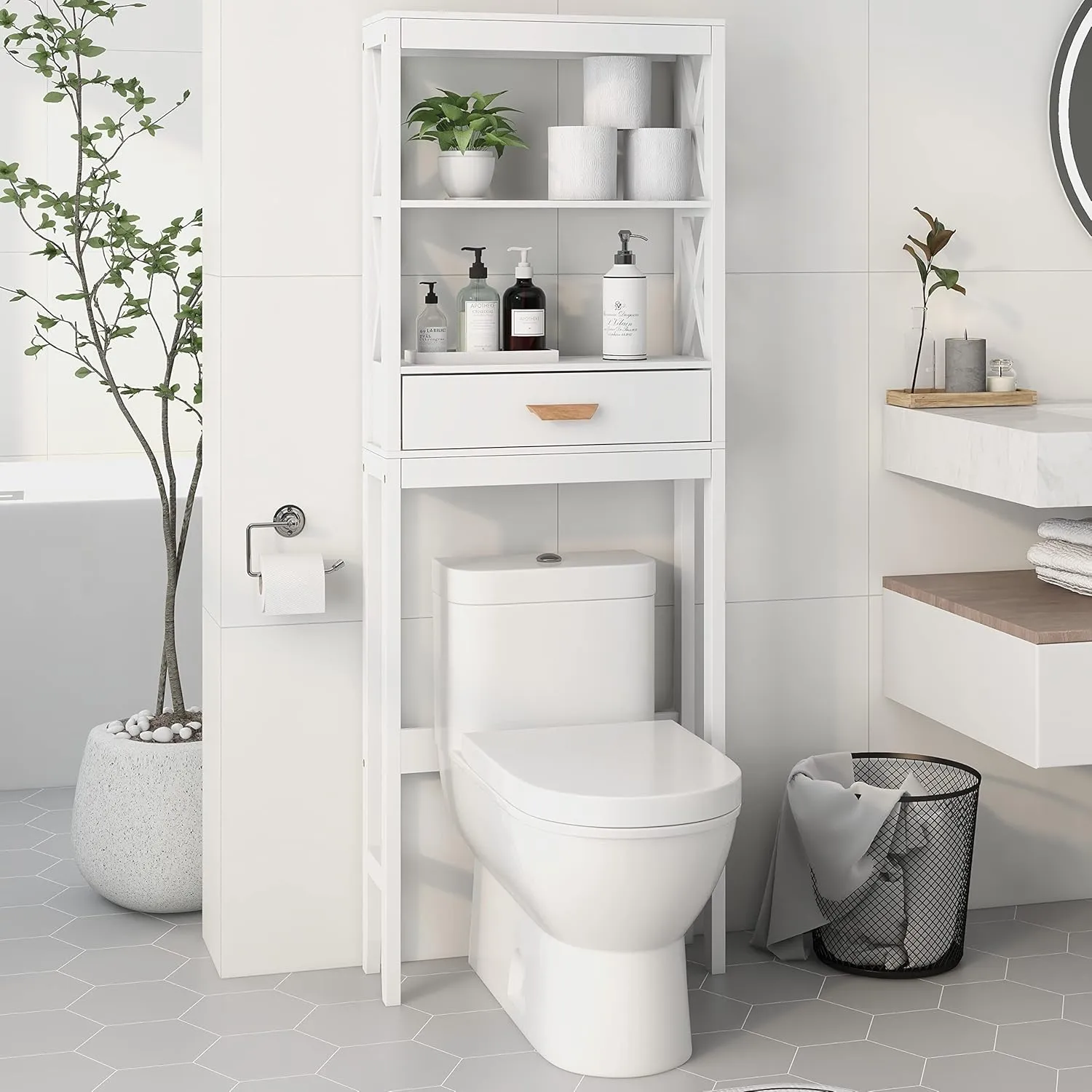 Bathroom Shelf Over The Toilet X- Frame Bathroom Organizer with 1 Drawer and Open Shelves Bathroom Space Saver(White)