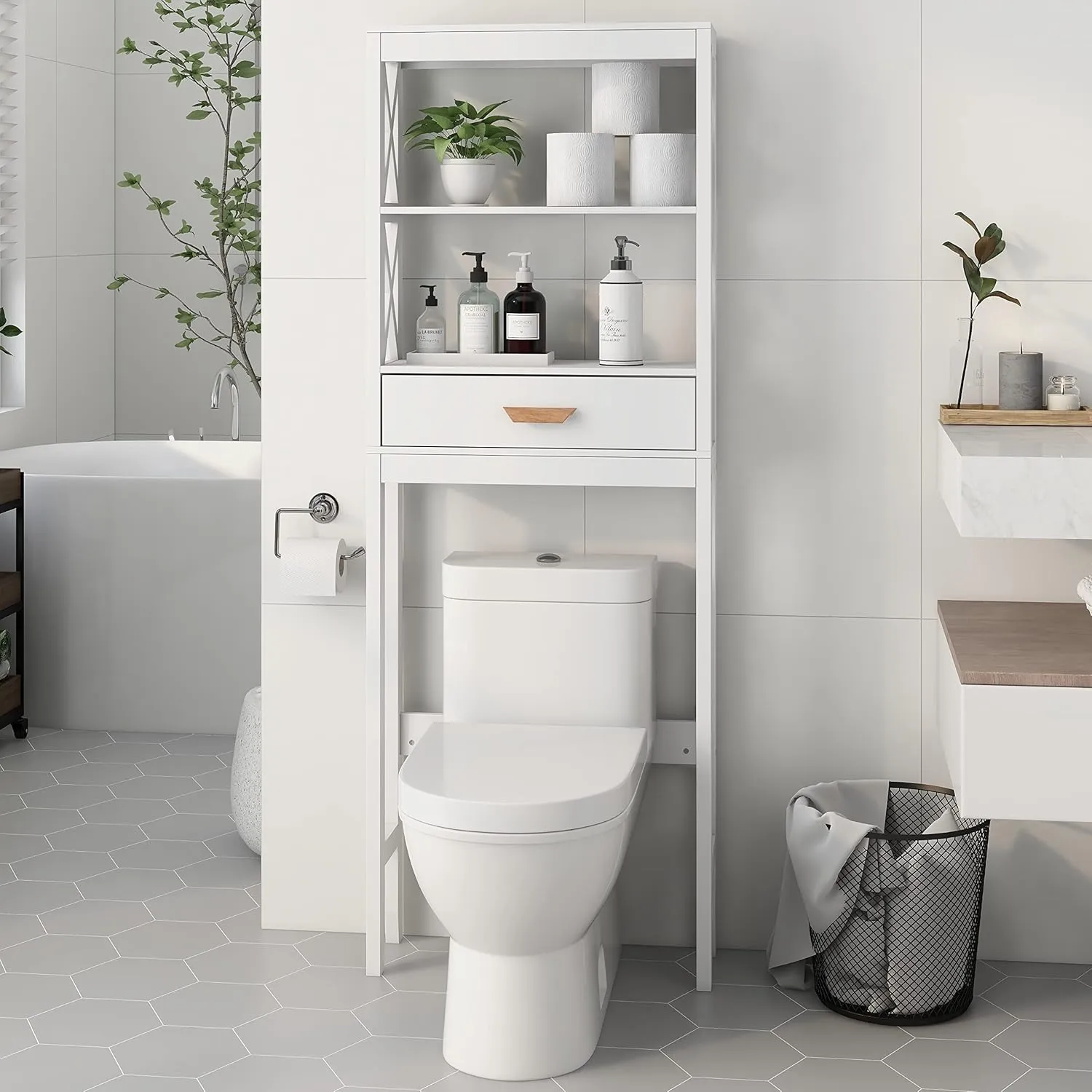 Bathroom Shelf Over The Toilet X- Frame Bathroom Organizer with 1 Drawer and Open Shelves Bathroom Space Saver(White)
