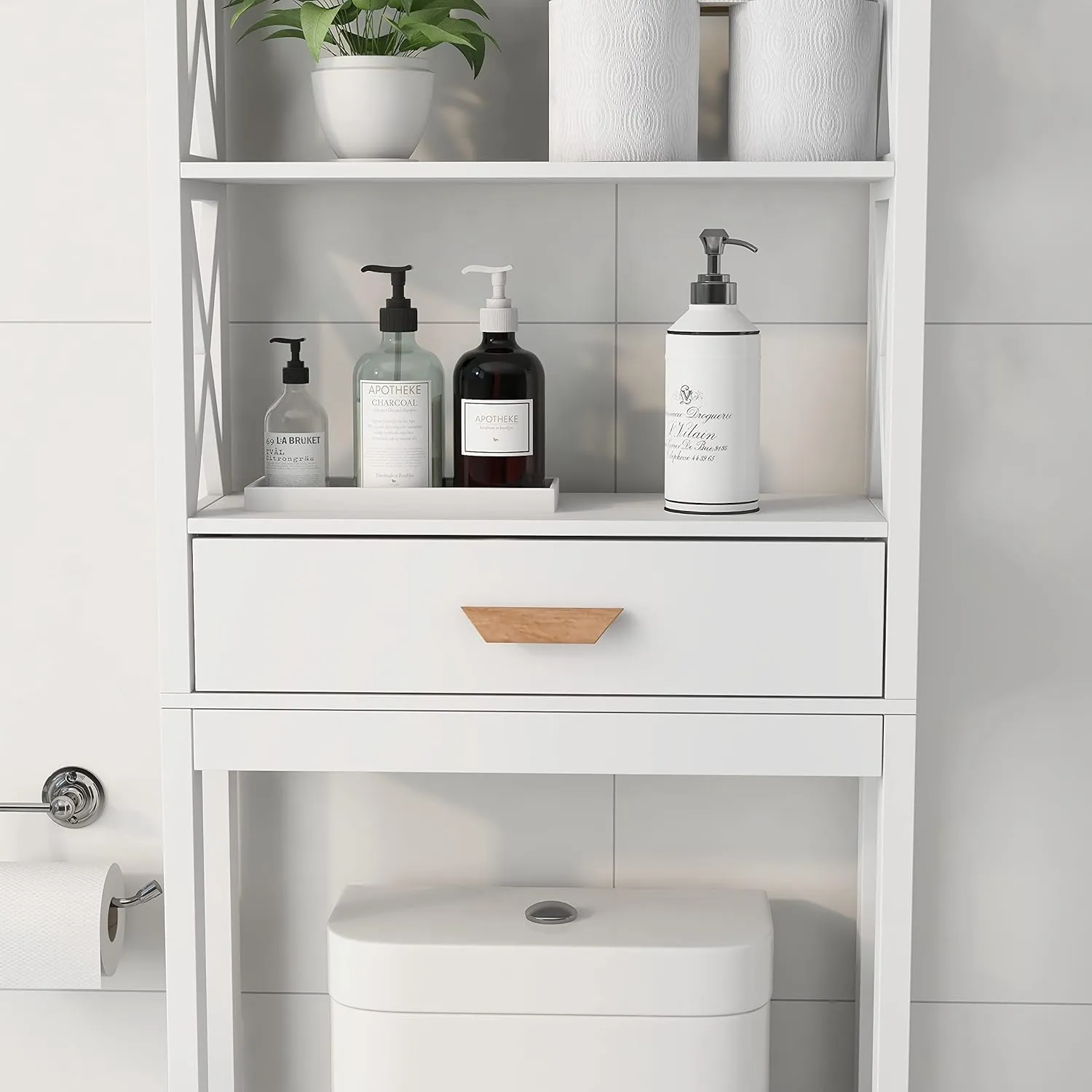 Bathroom Shelf Over The Toilet X- Frame Bathroom Organizer with 1 Drawer and Open Shelves Bathroom Space Saver(White)