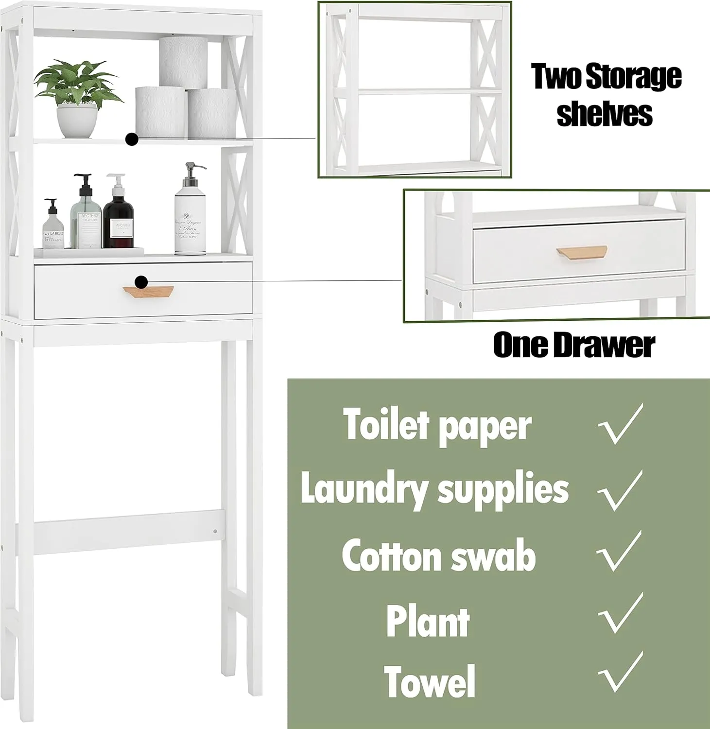Bathroom Shelf Over The Toilet X- Frame Bathroom Organizer with 1 Drawer and Open Shelves Bathroom Space Saver(White)