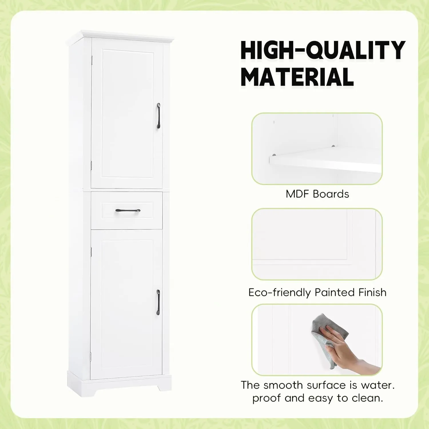 Bathroom Tall Storage Cabinet, Floor Freestanding Storage Cabinet with 2 Doors, One Drawer, Door Shelve Design, and Adjustable Shelf for Bathroom, Office, Multi-Use Organizer, White