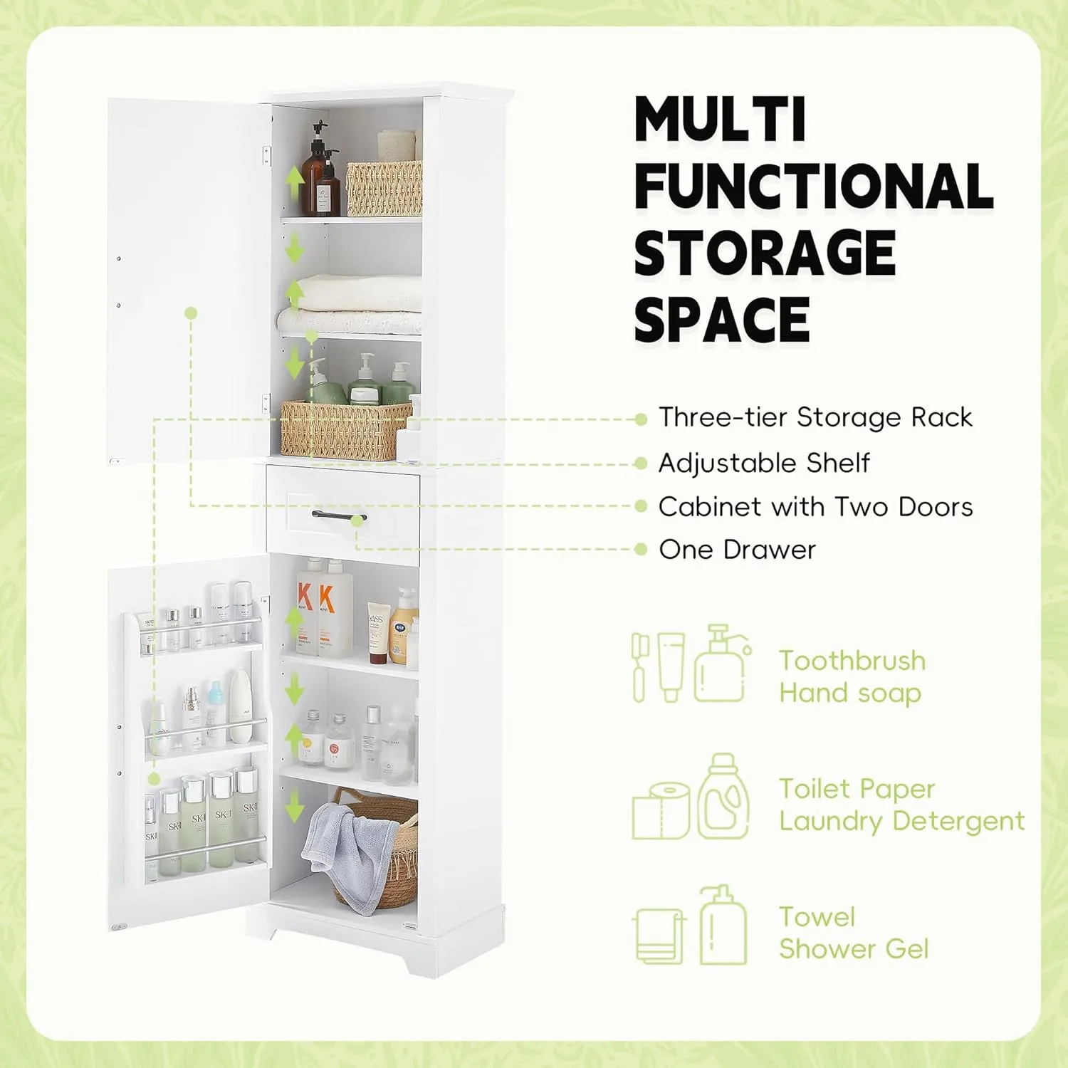 Bathroom Tall Storage Cabinet, Floor Freestanding Storage Cabinet with 2 Doors, One Drawer, Door Shelve Design, and Adjustable Shelf for Bathroom, Office, Multi-Use Organizer, White