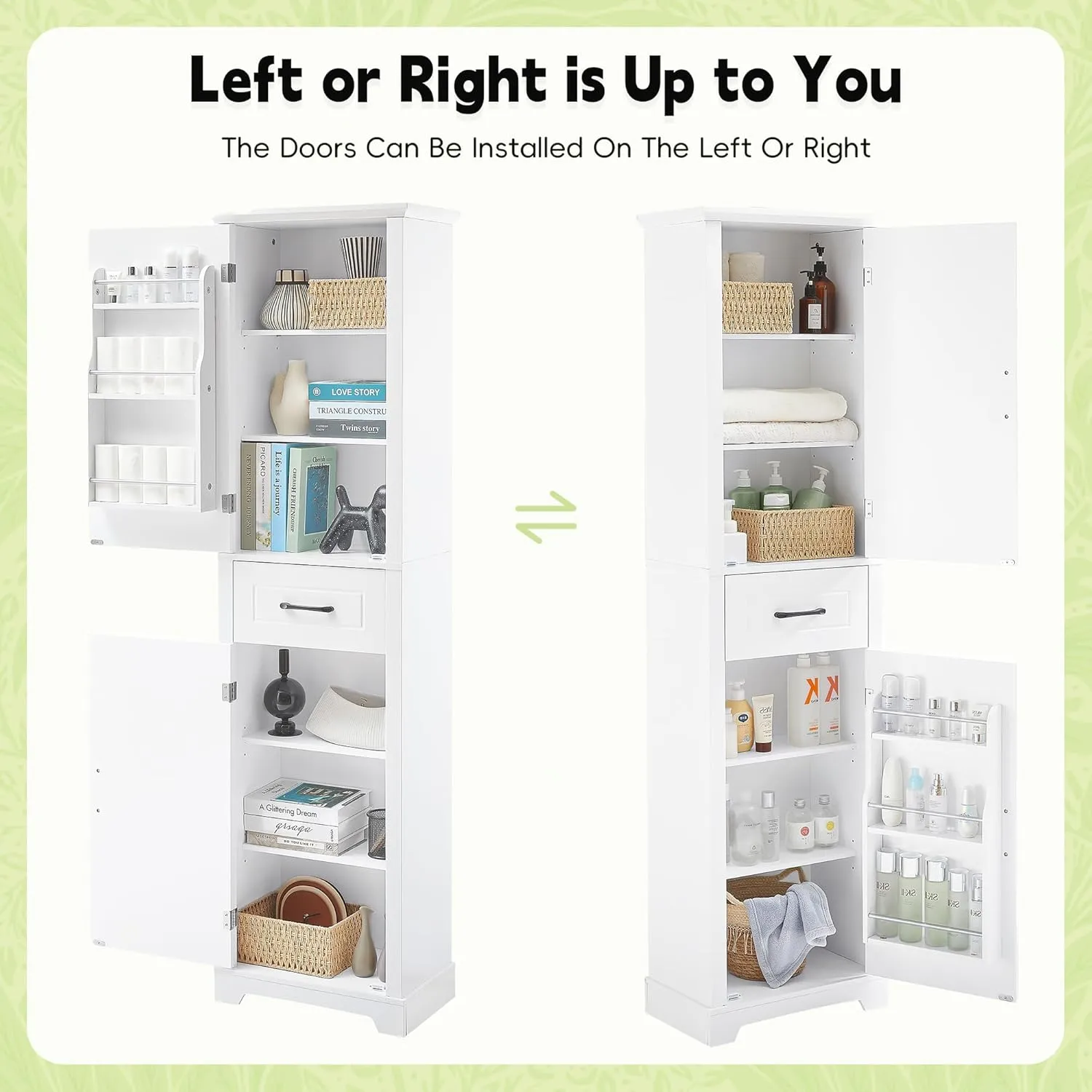 Bathroom Tall Storage Cabinet, Floor Freestanding Storage Cabinet with 2 Doors, One Drawer, Door Shelve Design, and Adjustable Shelf for Bathroom, Office, Multi-Use Organizer, White