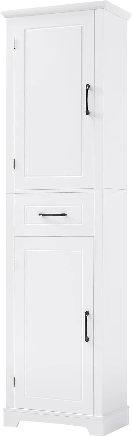 Bathroom Tall Storage Cabinet, Floor Freestanding Storage Cabinet with 2 Doors, One Drawer, Door Shelve Design, and Adjustable Shelf for Bathroom, Office, Multi-Use Organizer, White