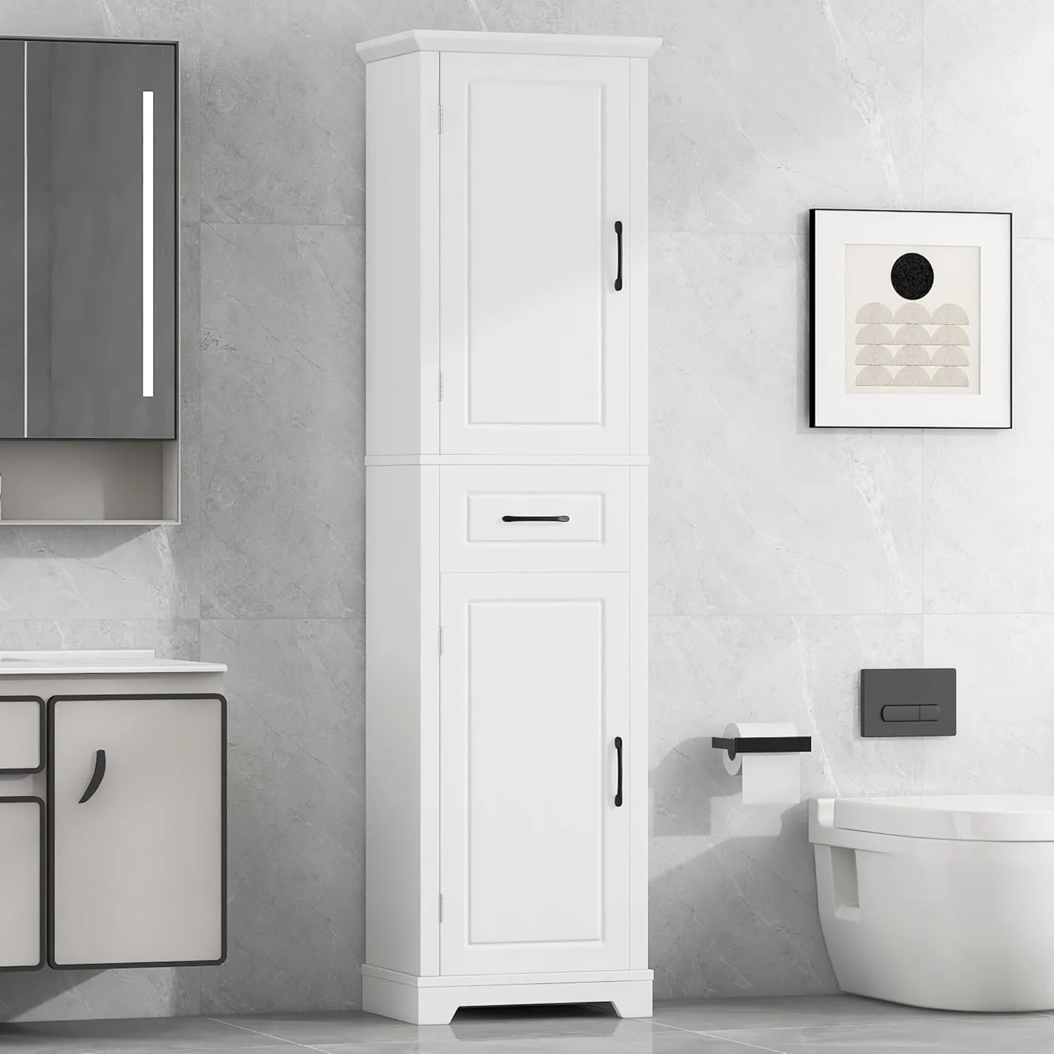 Bathroom Tall Storage Cabinet, Floor Freestanding Storage Cabinet with 2 Doors, One Drawer, Door Shelve Design, and Adjustable Shelf for Bathroom, Office, Multi-Use Organizer, White