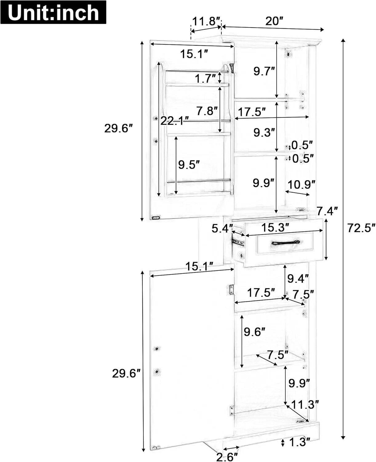 Bathroom Tall Storage Cabinet, Floor Freestanding Storage Cabinet with 2 Doors, One Drawer, Door Shelve Design, and Adjustable Shelf for Bathroom, Office, Multi-Use Organizer, White