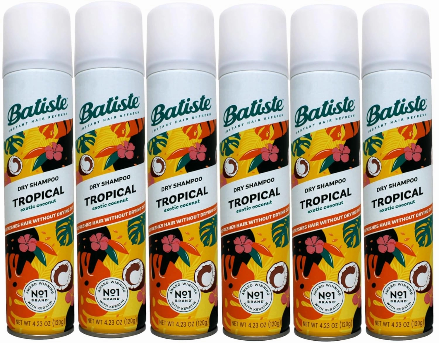 Batiste Instant Hair Refresher Dry Shampoo, Tropical Exotic Coconut, Refreshes Hair Without Drying Out, 3.81 oz (Pack of 6)