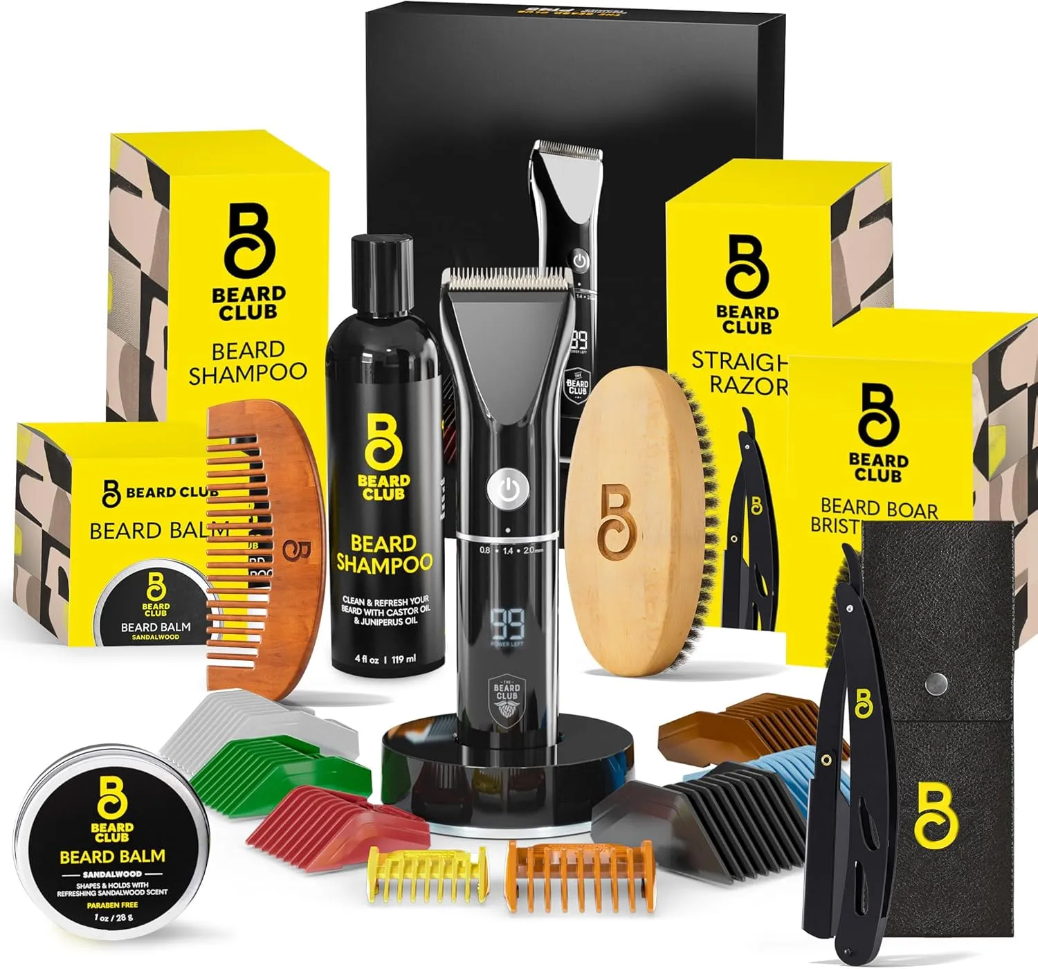 Beard Club Mens Grooming Kit with Beard Trimmer for Men, Professional Cordless Electric Rechargeable Hair & Mustache Trimmer, Straight Edge Razor, Shampoo, Balm, Brush & Comb Gift Set