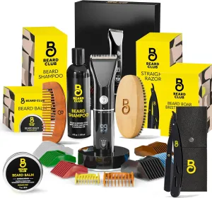 Beard Club Mens Grooming Kit with Beard Trimmer for Men, Professional Cordless Electric Rechargeable Hair & Mustache Trimmer, Straight Edge Razor, Shampoo, Balm, Brush & Comb Gift Set