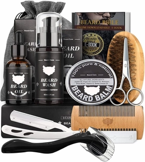 Beard Kit for Men with Beard Wash Set, Including Beard Wash, Beard Essence, Beard Balm, Brush, Comb, Scissors, Razor, Razor Blade, Storage Bag, Gift for Men, Dad, Husband, Boyfriend