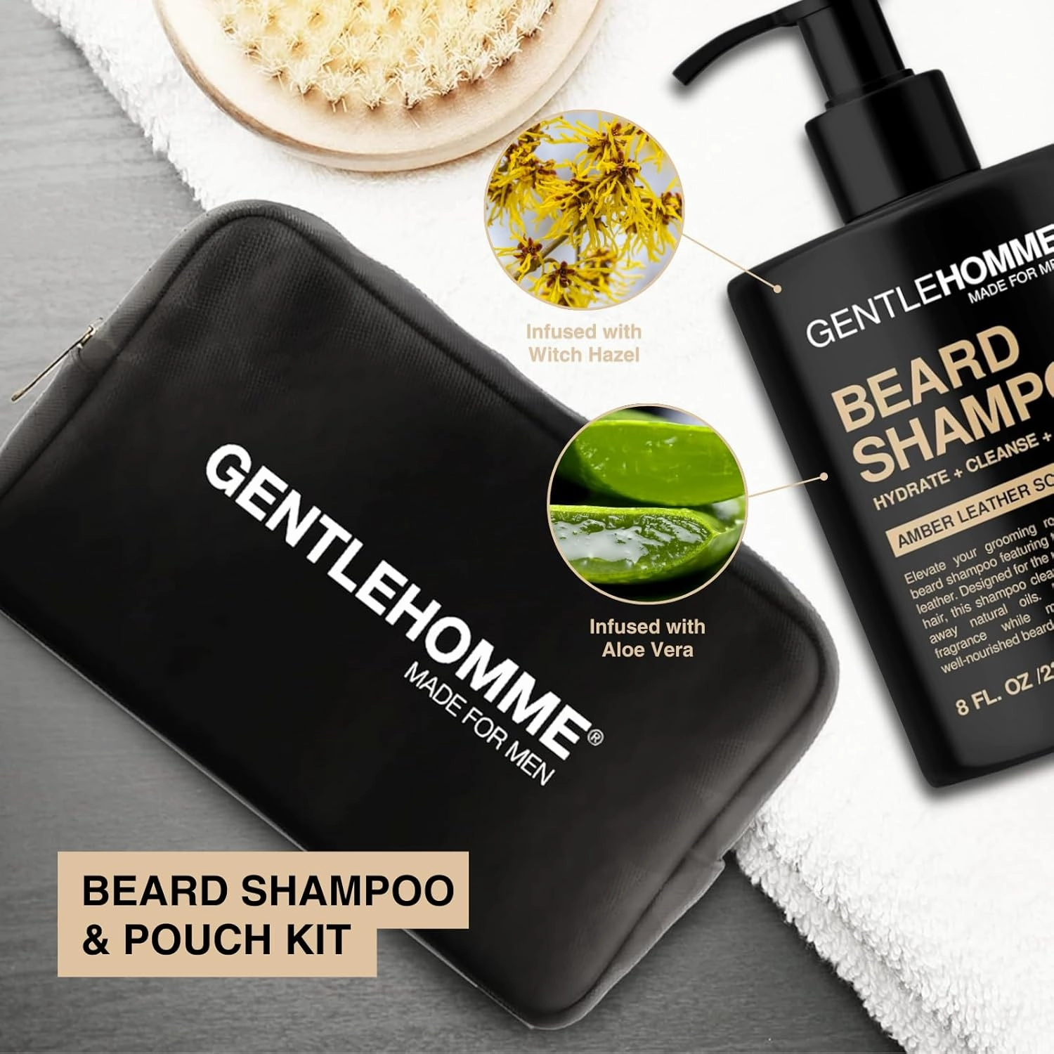 Beard Shampoo & Pouch Kit - Men’s Beard Wash - Hydrate, Cleanse, Soften & Strengthen - For Itchy & Flaky Facial Hair - With Witch Hazel - All Skin & Beard Types - Vegan - Amber Leather Scent - 8oz