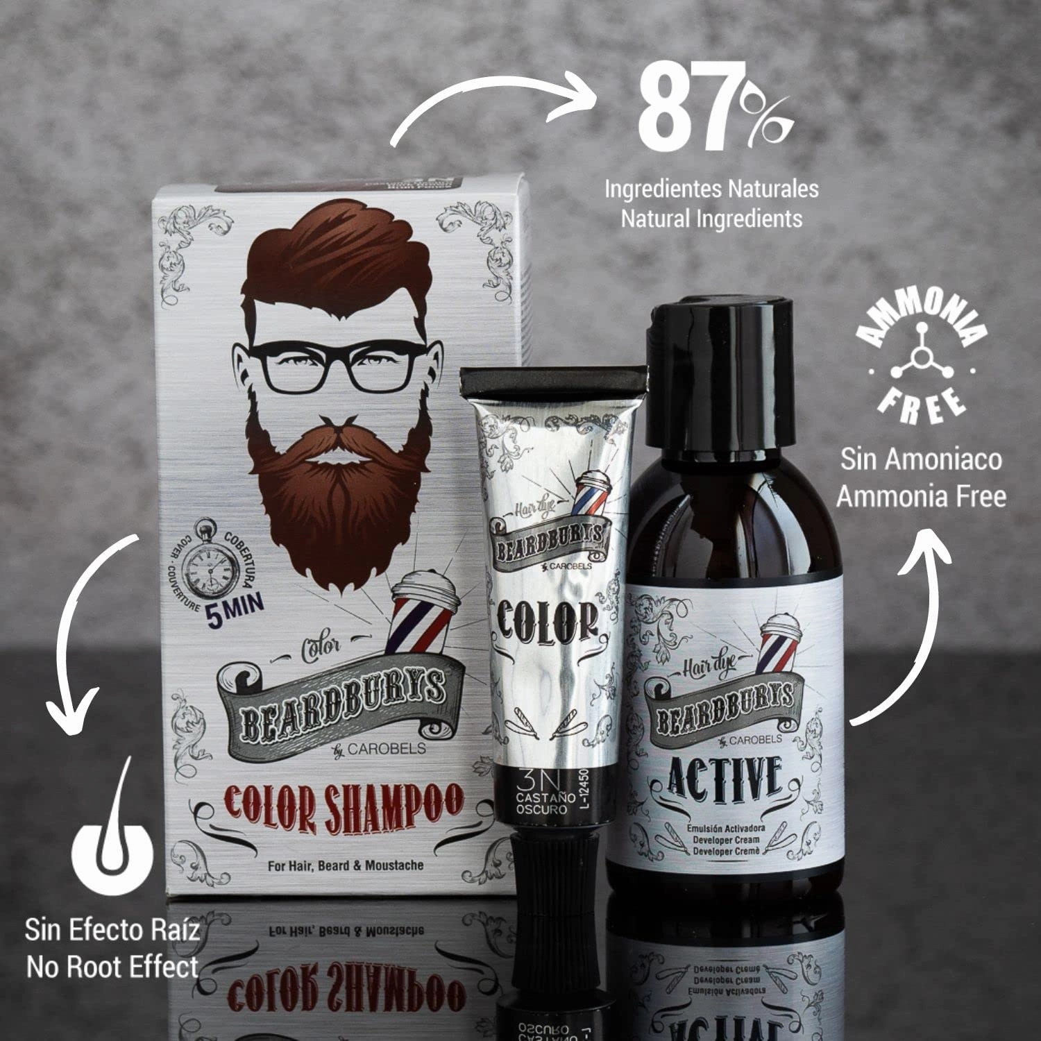 Beardburys Colour Shampoo for Men, Semi-Permanent Gray Coverage, Paraben-Free, Dark Brown Colour 30ml & Active 45ml
